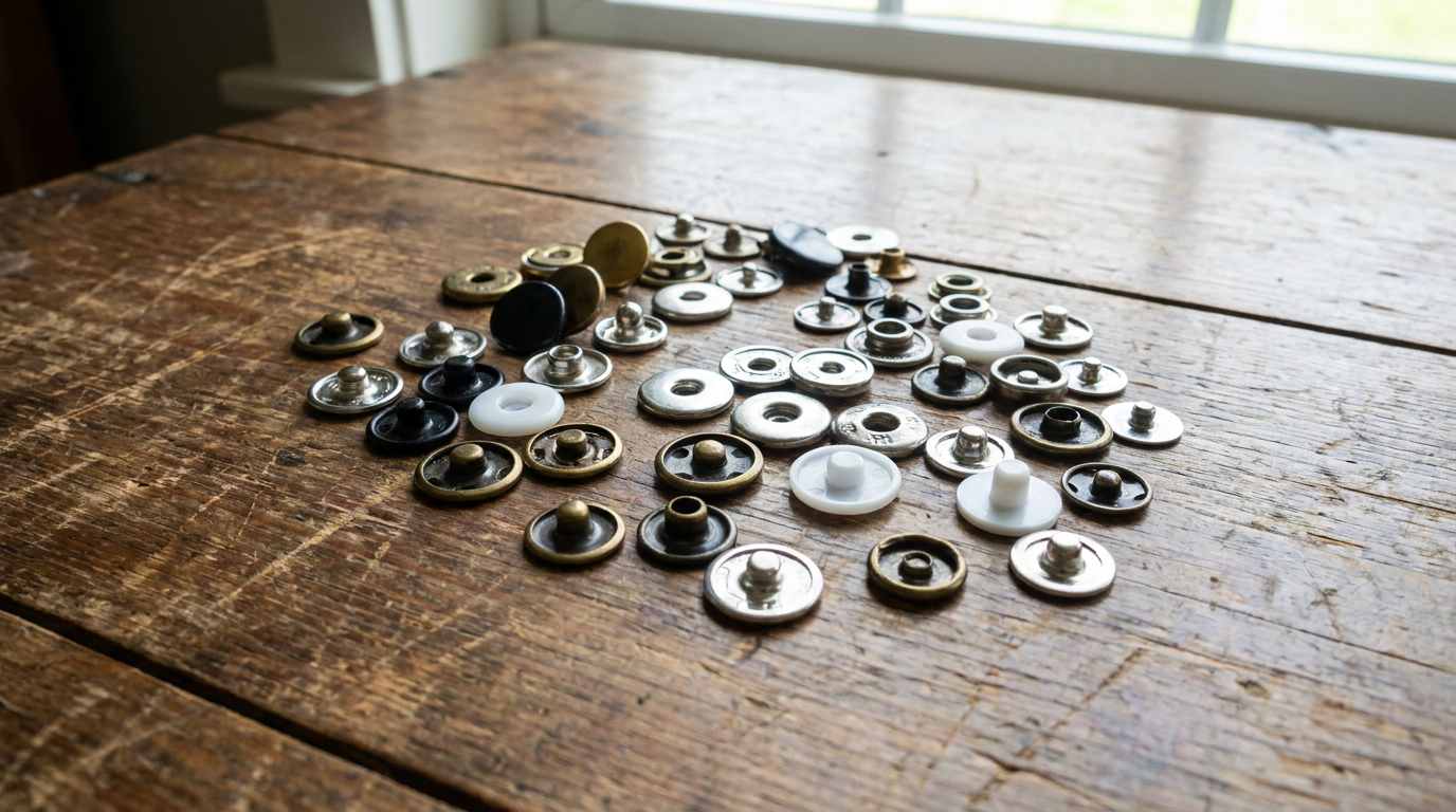 snaps for sewing fabric, Snaps for sewing fabric in multiple sizes and metallic finishes are arranged together on a rustic wooden table.